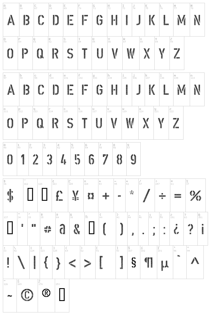 DIN Schablonierschrift Cracked font map