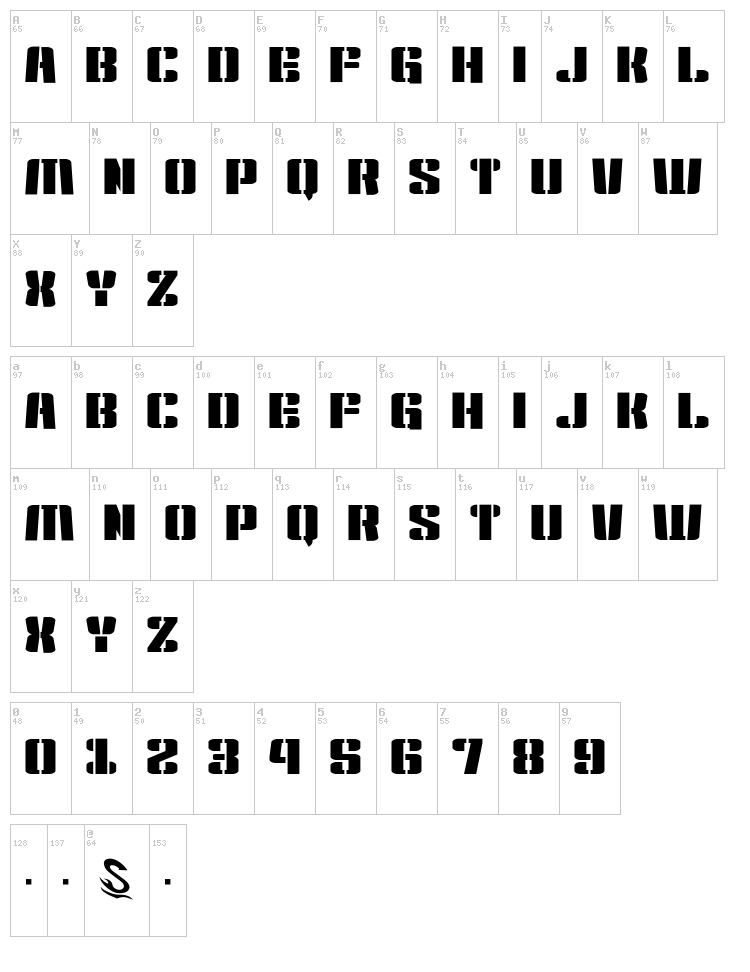 Kensuco Stencil G font map