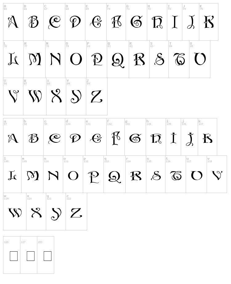Initials With Curls font map