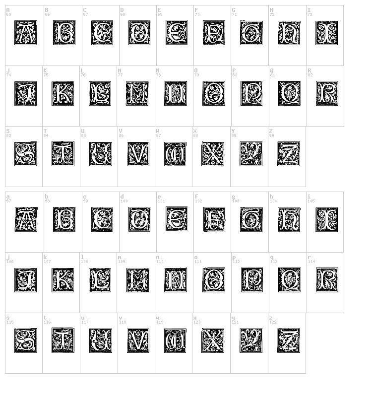Typographer Woodcut Initials One font map