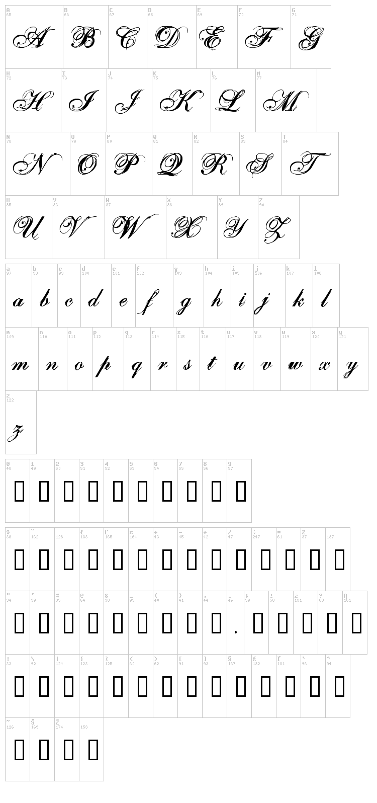 One Fell Swoop font map