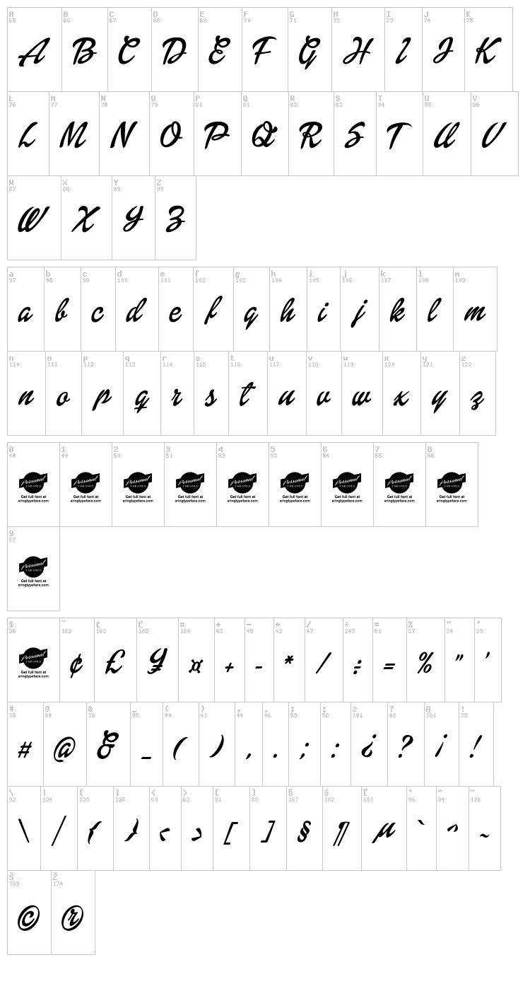 Dollie Script font map