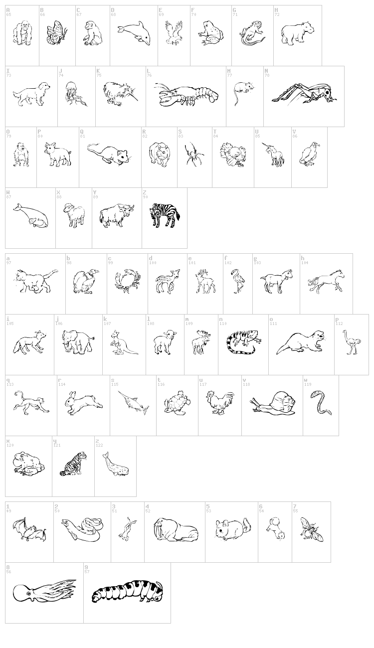 Nina's Animals font map