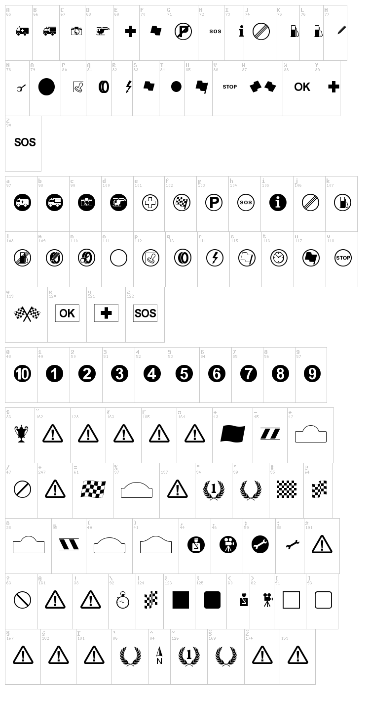Rally Symbols font map