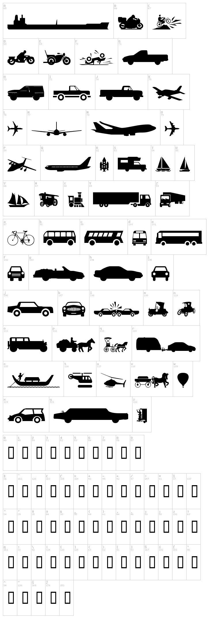 WM Transport 1 font map
