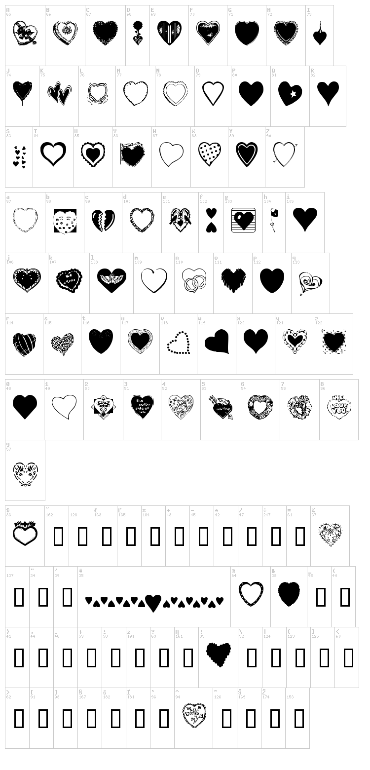 Hearts Galore font map