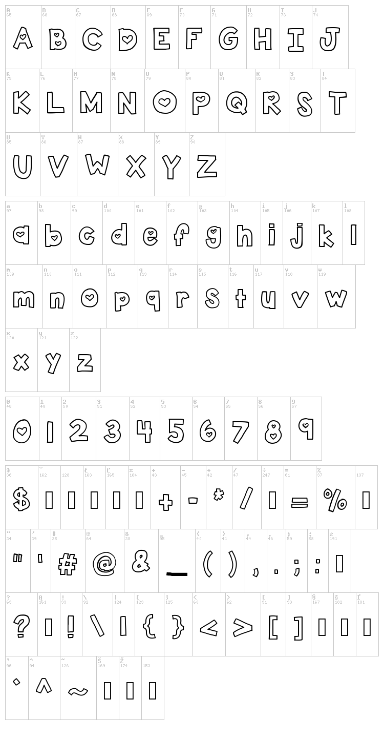 KB Two Lovers font map