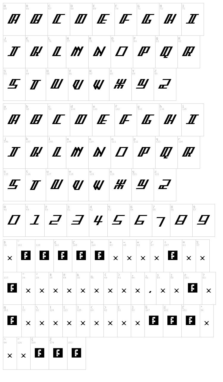 Arcader FS font map