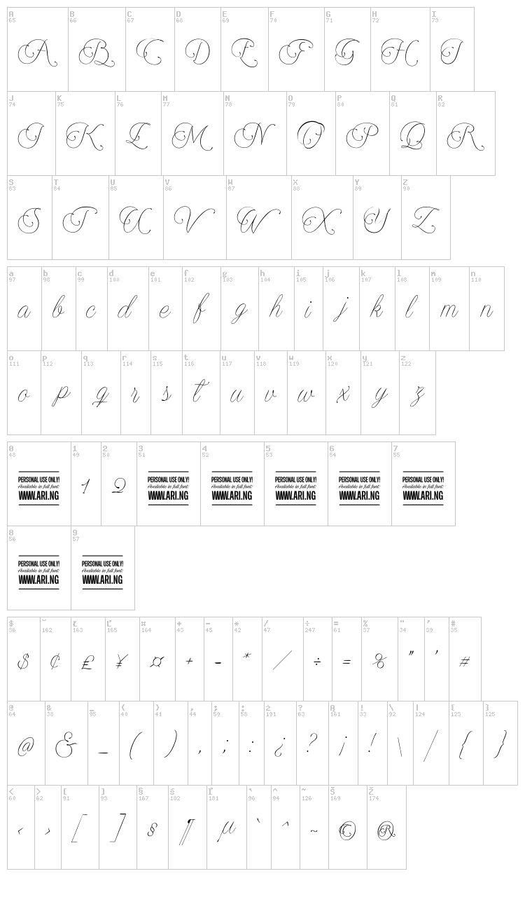 Encina Script font map