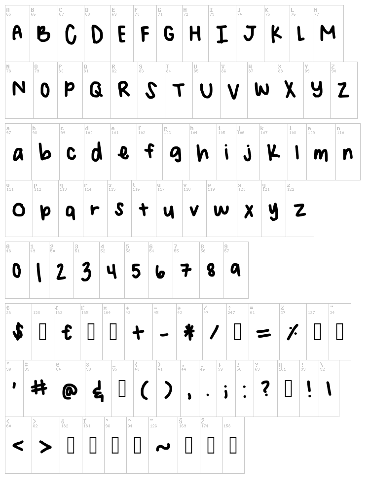Angelina Handwriting font map