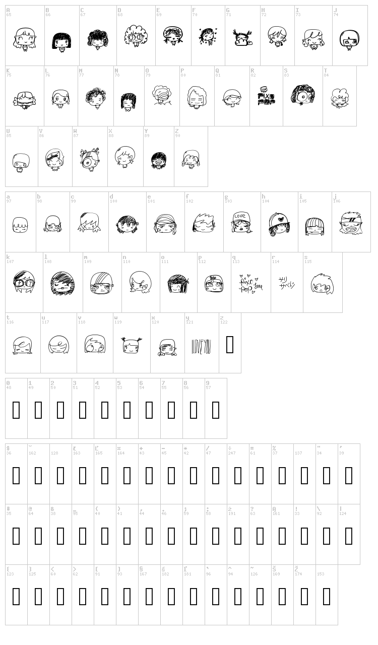 Pixopop Kawaii Girls font map