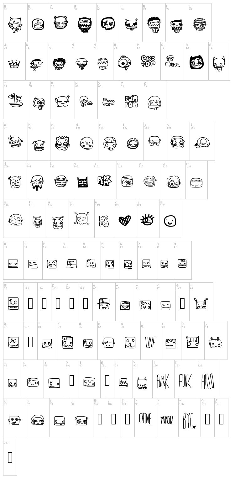 Pixopop Monstalove font map