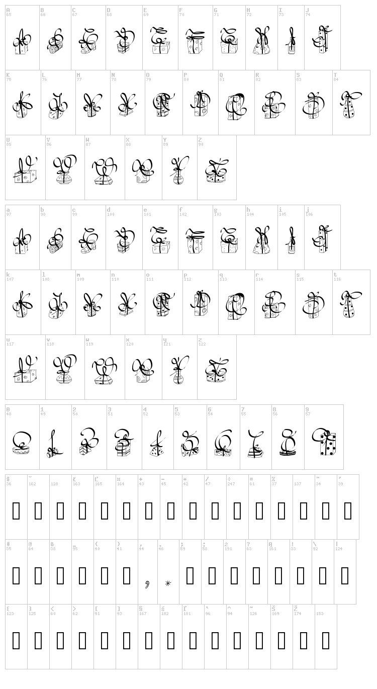 PW Christmas Gifts font map